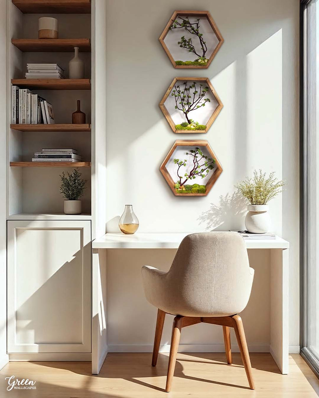 Wooden Hexagon Trio - Moss and Branches in a Hexagonal Frame