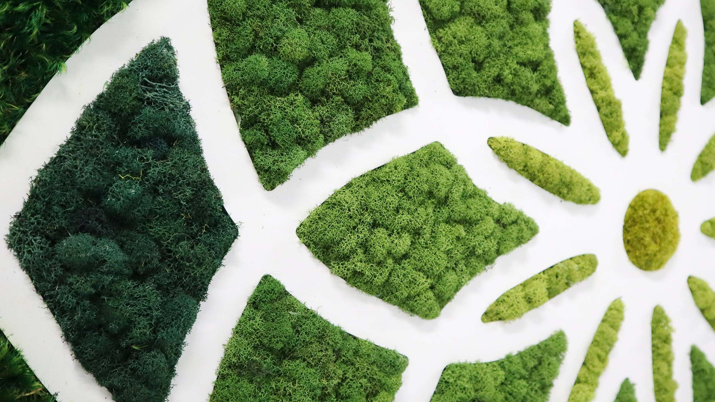 Moss wall art with geometric pattern going from light to dark 