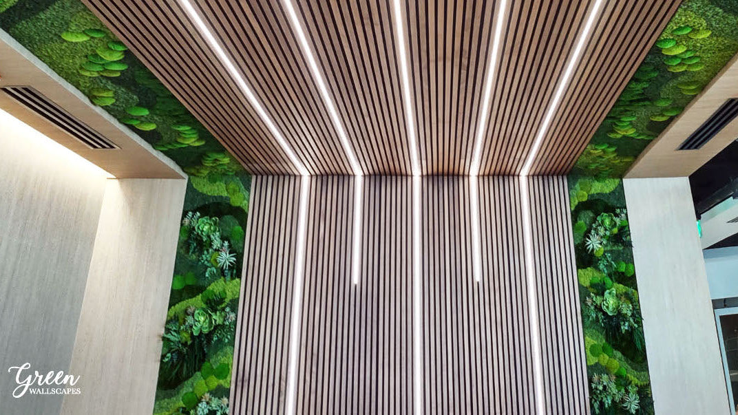 Ceiling with wooden slats, lights, and preserved moss greenery for Venture X in Virginia 