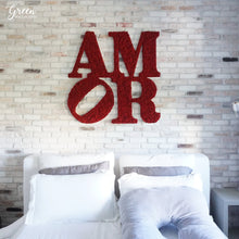 Front view of Red Moss Lettering of the Word Amor 